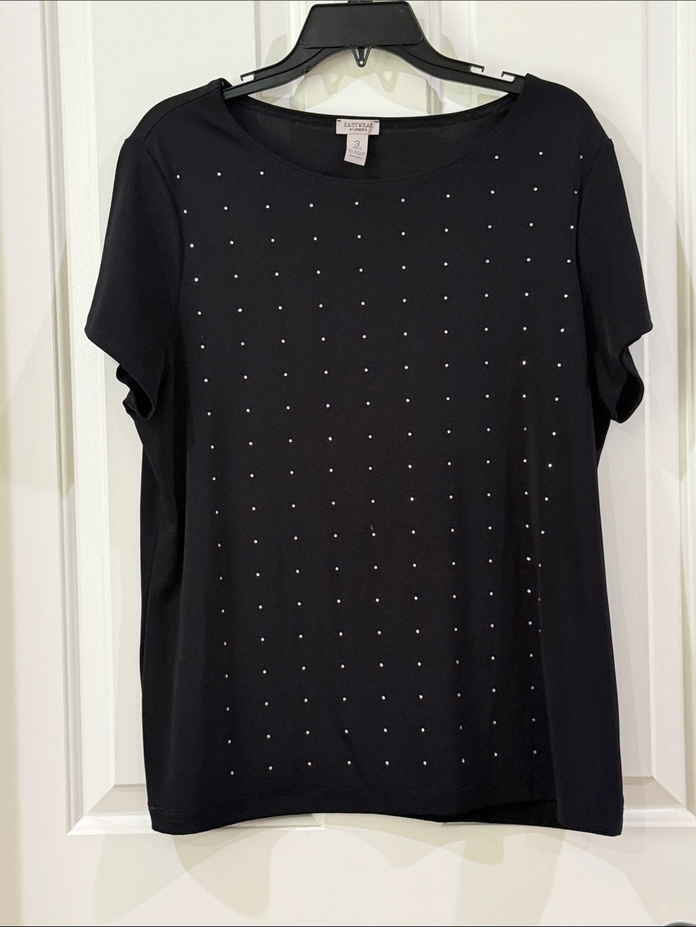 EasyWear by Chico’s Black Short-Sleeve Blouse with Silver Stud Grid
